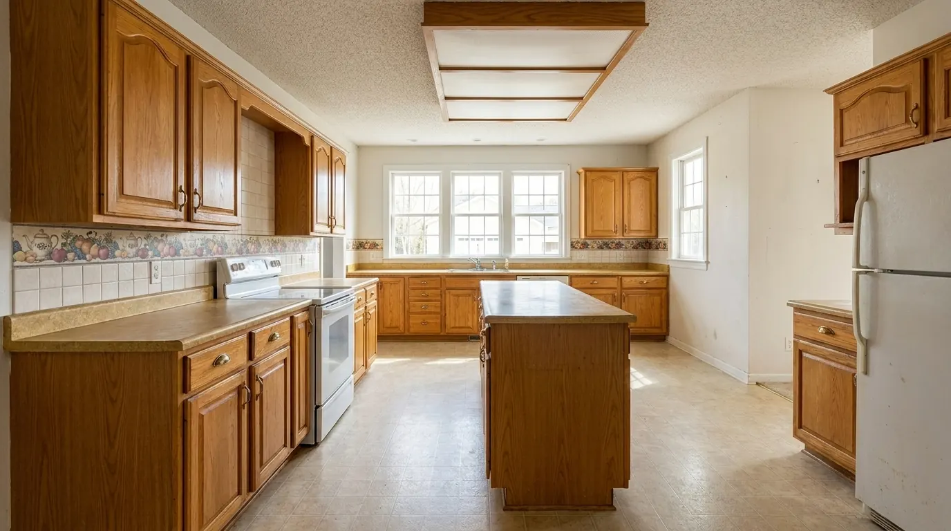 Before: Same kitchen after Patriot Construction remodel: white shaker cabinetry, navy island, marble counters, brass pendants and wide-plank white oak floors