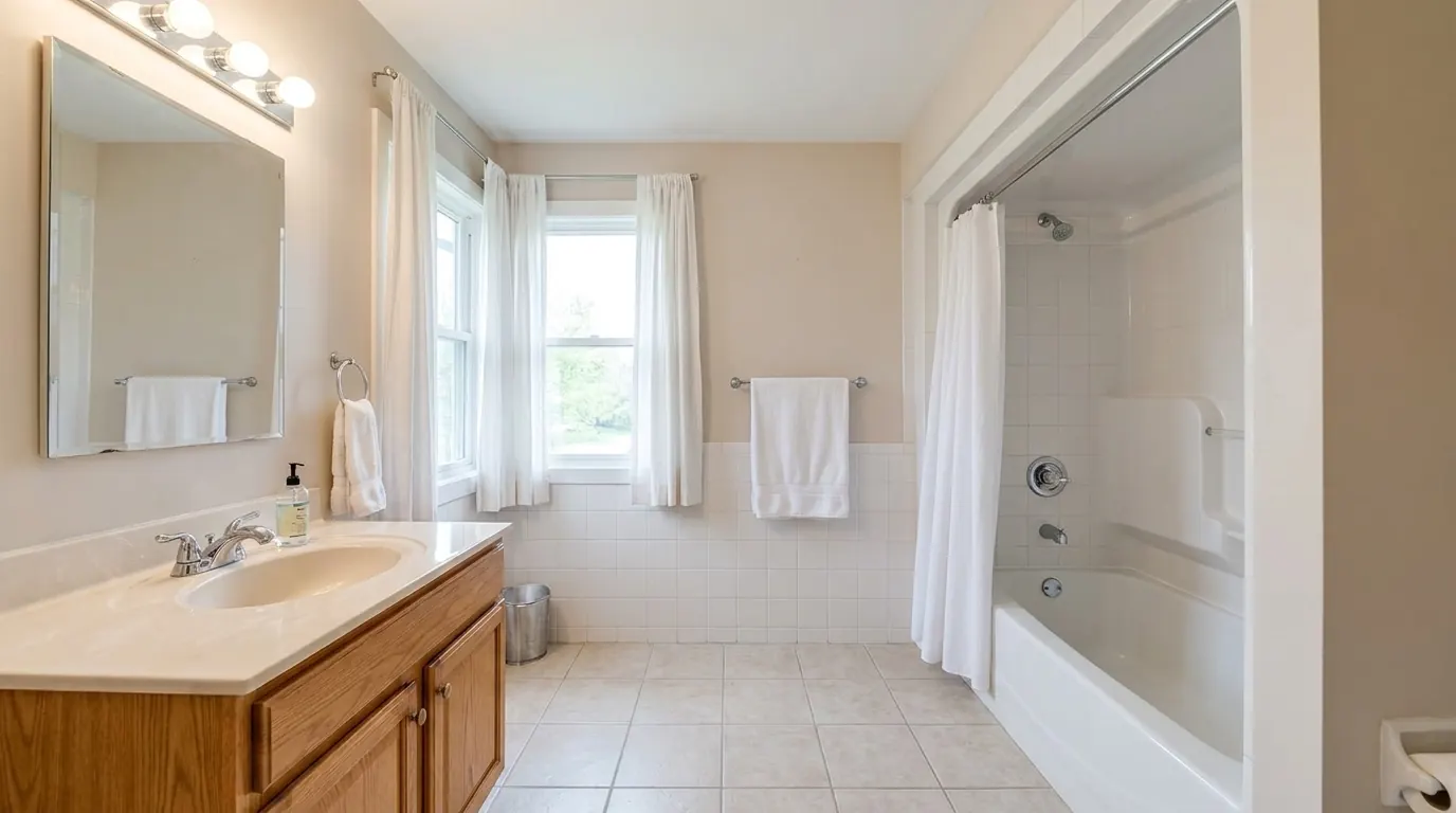 Before: Same bathroom after Patriot Construction remodel: freestanding soaking tub, marble herringbone shower, frameless glass enclosure, brass fixtures and a marble-top double vanity
