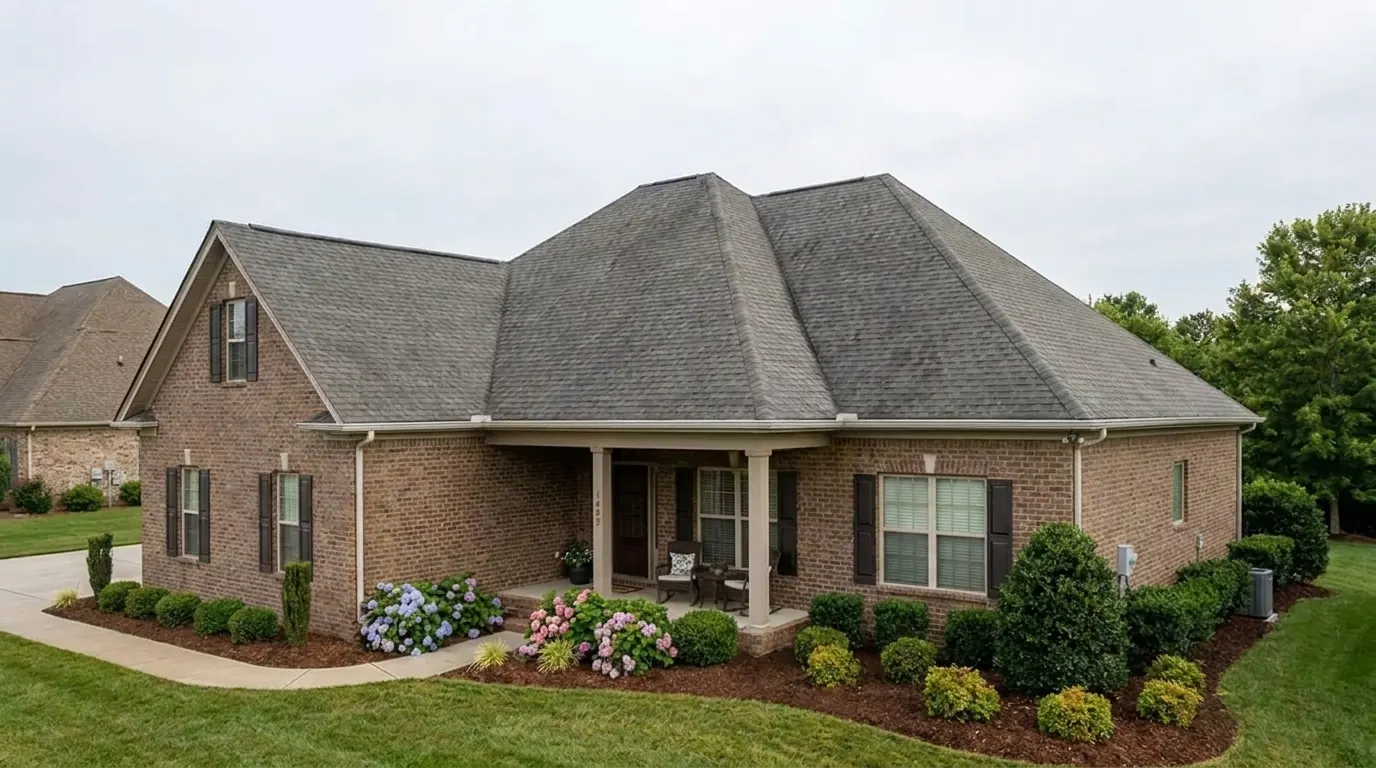Before: Same home after Patriot Construction reroof: clean charcoal architectural shingles, fresh ridge cap and copper-tone gutters under early evening light