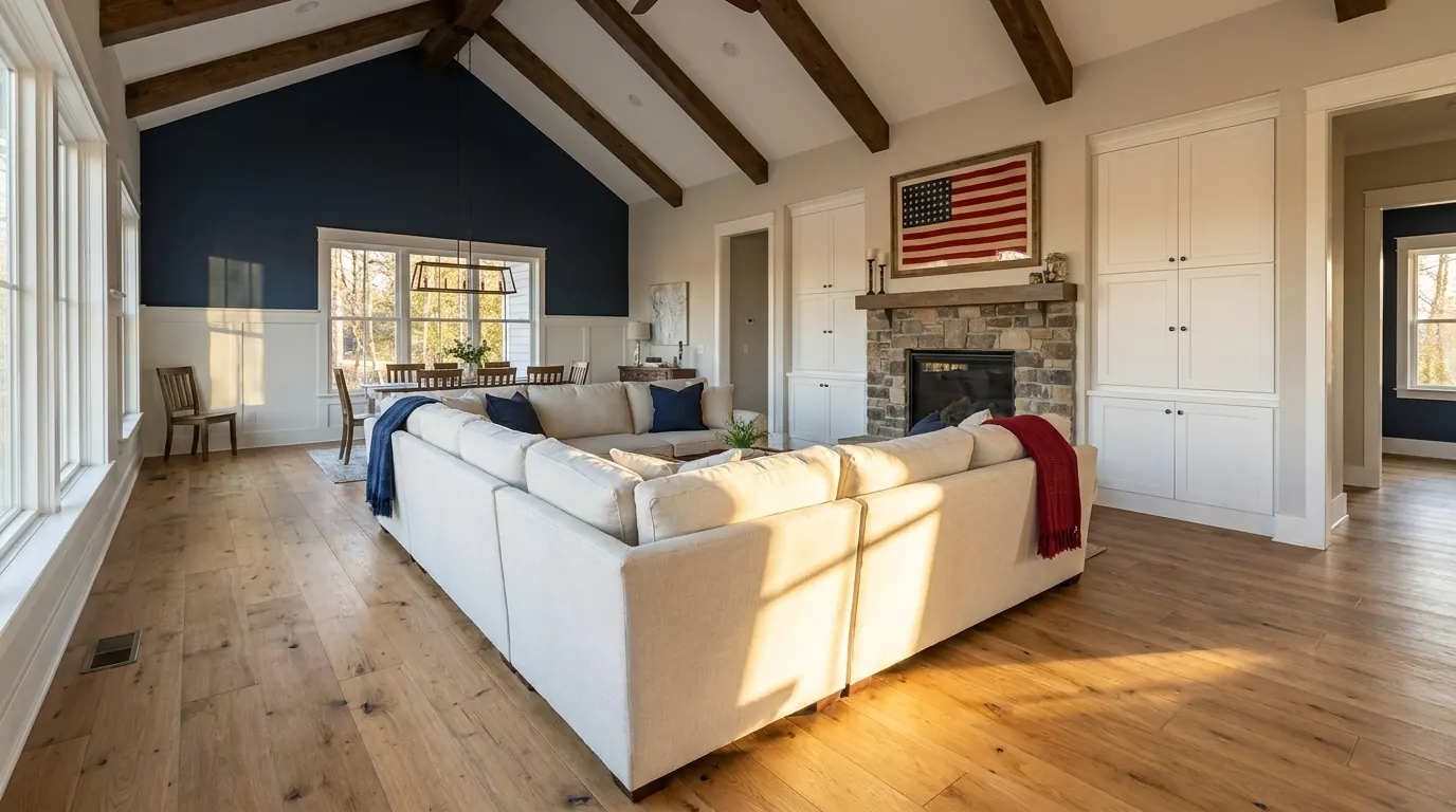 Cinematic interior remodel by Patriot Construction — vaulted ceiling great room with stone fireplace and oak floors