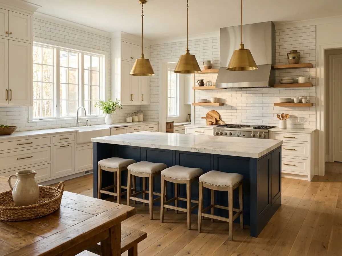 Custom kitchen remodel by Patriot Construction — white shaker cabinets, navy island, marble counters, brass pendants