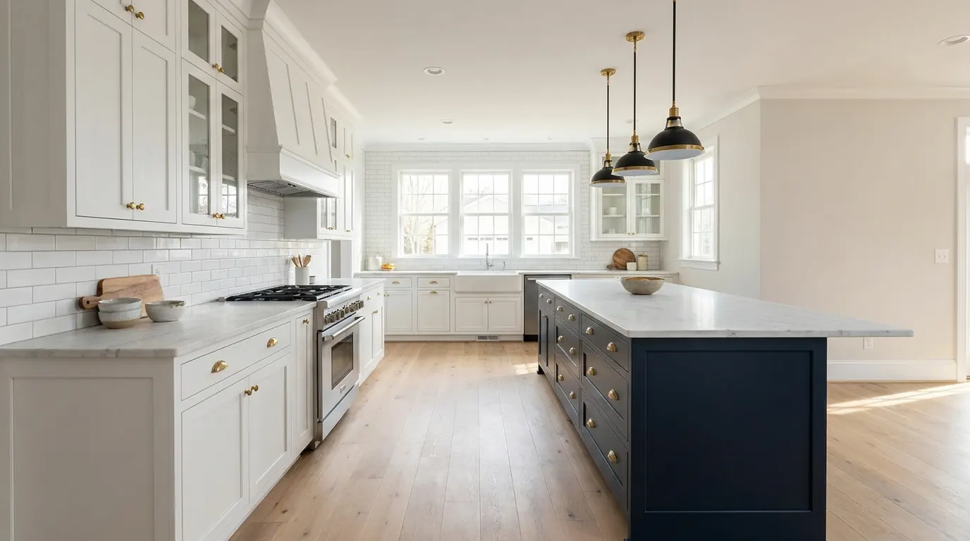 After: Same kitchen after Patriot Construction remodel: white shaker cabinetry, navy island, marble counters, brass pendants and wide-plank white oak floors