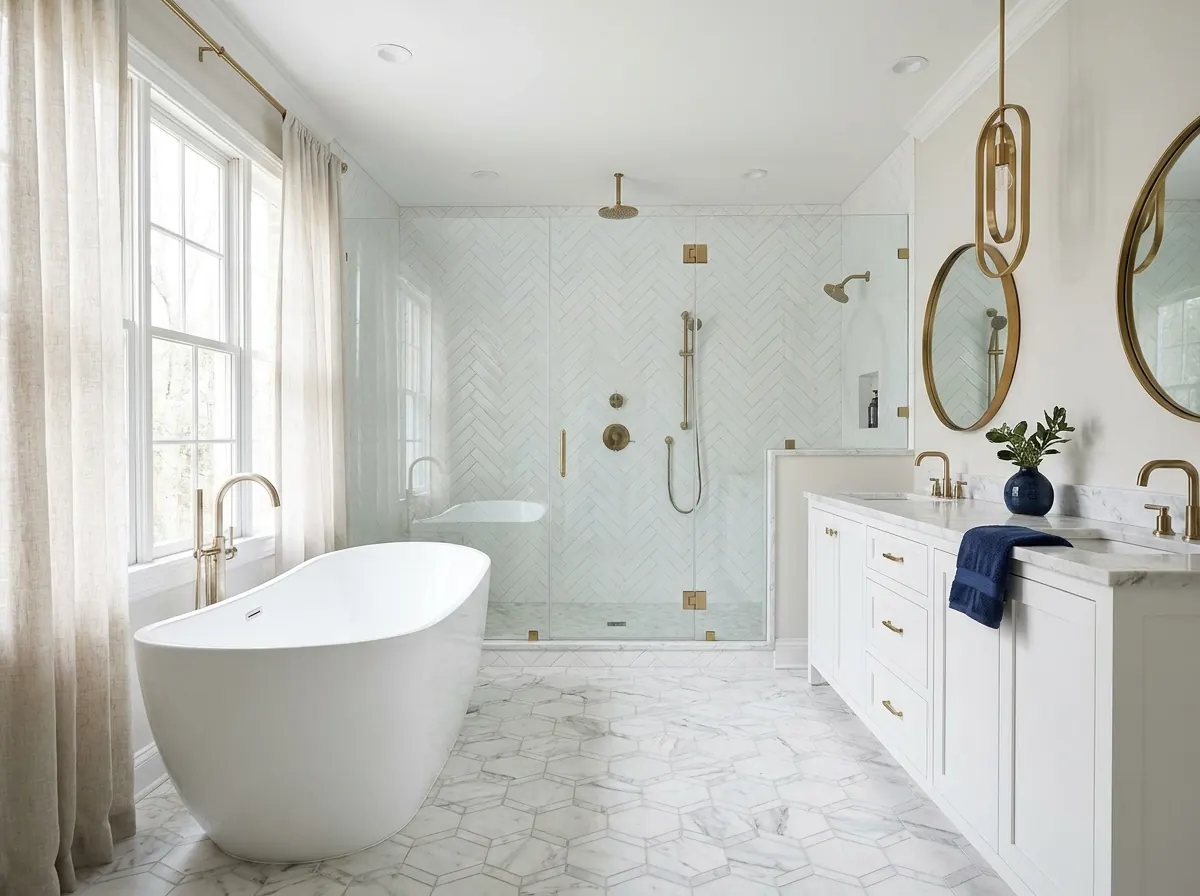 Luxury master bathroom remodel by Patriot Construction — freestanding tub, marble tile, brass fixtures