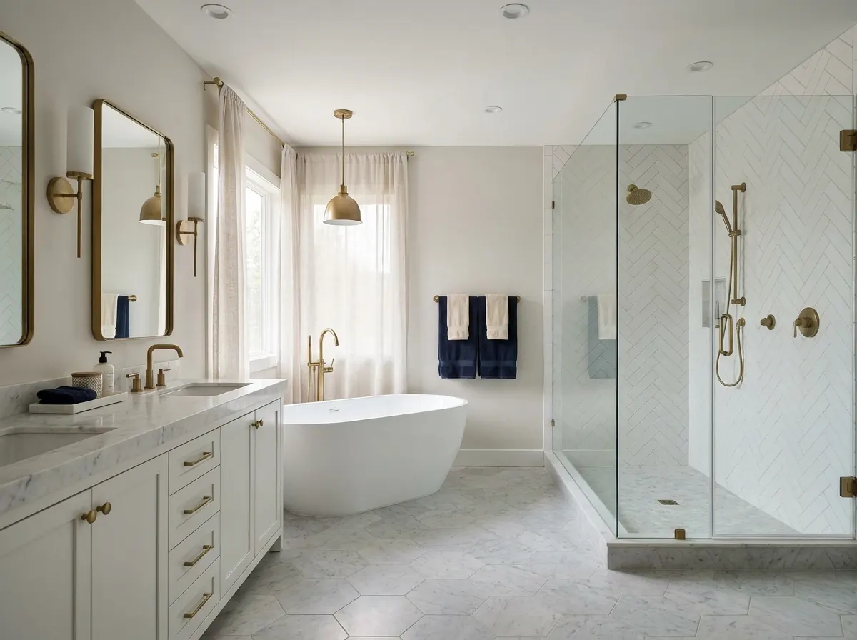 After: Same bathroom after Patriot Construction remodel: freestanding soaking tub, marble herringbone shower, frameless glass enclosure, brass fixtures and a marble-top double vanity