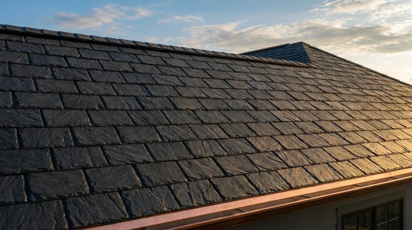 Premium architectural shingle roof installation by Patriot Construction — deep charcoal shingles, copper drip edge