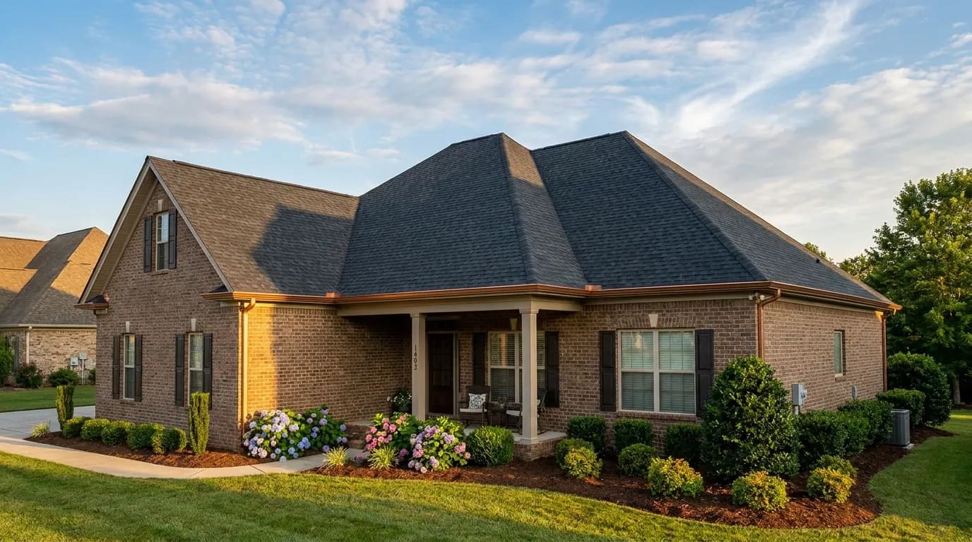 After: Same home after Patriot Construction reroof: clean charcoal architectural shingles, fresh ridge cap and copper-tone gutters under early evening light