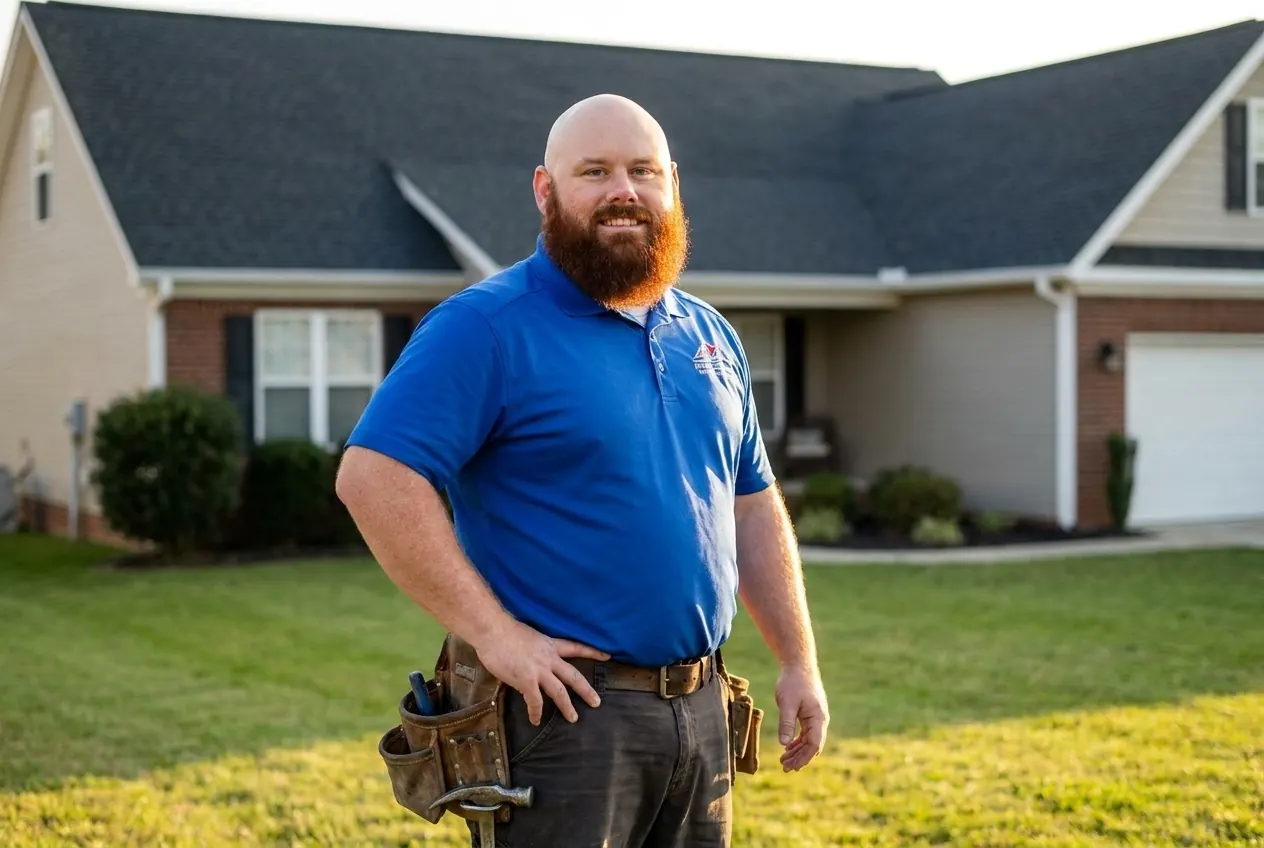 Timothy Ray standing in front of a freshly re-roofed North Carolina home in late afternoon golden-hour light, royal blue Patriot Construction polo, leather tool belt, hand on hip, confident smile